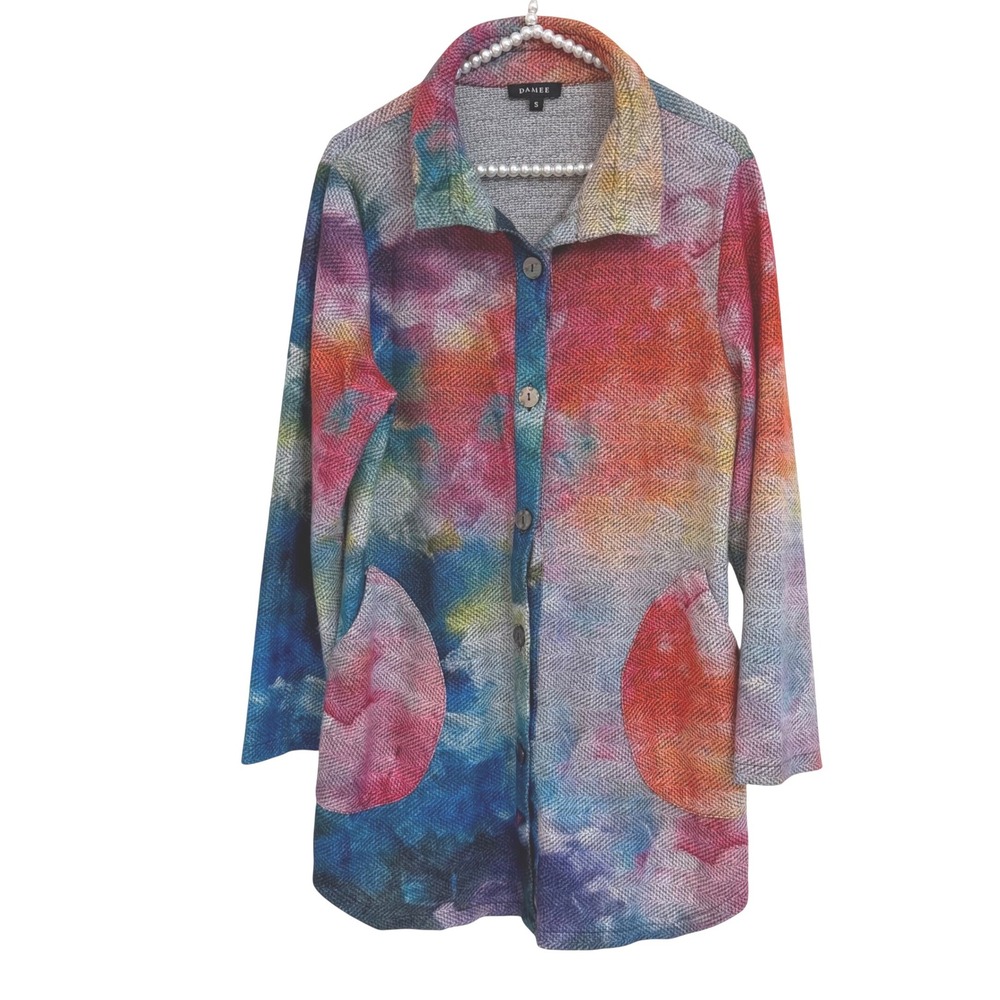 Damee New York Tie Dye Lagenlook Art to Wear Herringbone Tunic Jacket Pockets S